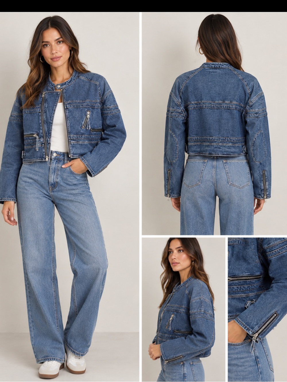 Good American  Blue Denim Lined Jacket with Zipper Accents
